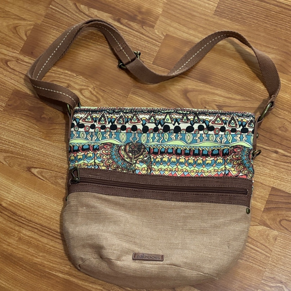 Sakroots Multicolor Patterned Crossbody Bag with Brown Trim